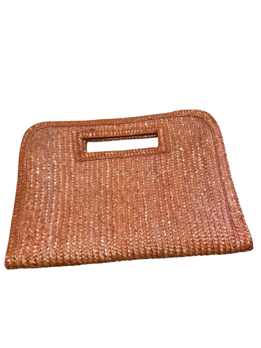 Woven Straw Rectangle Cutout Handled Clutch - Rust/Burnt Orange
